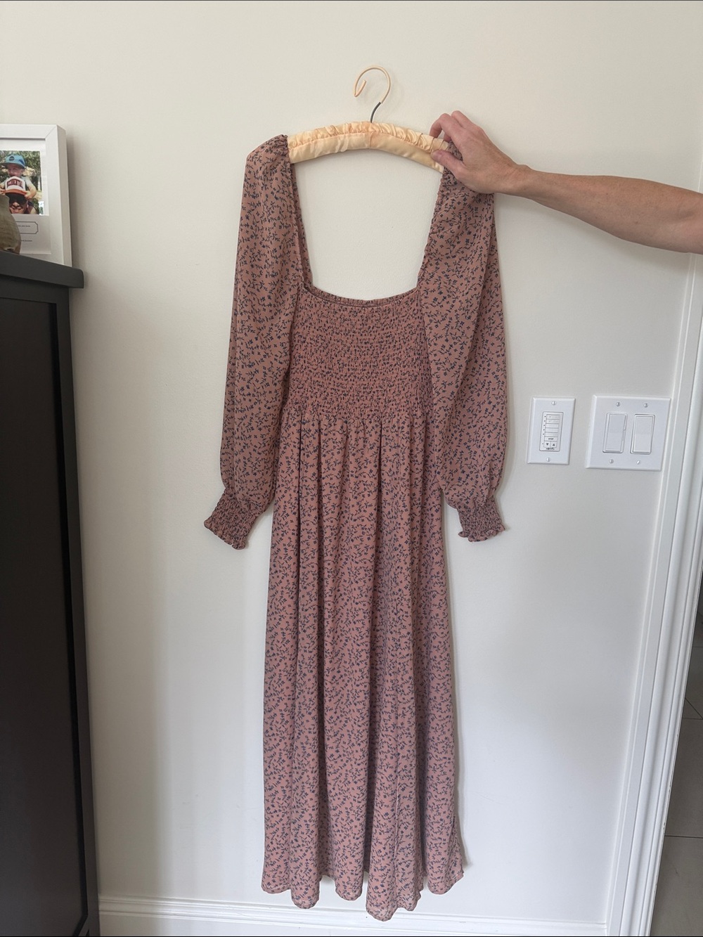 Smocked Square Neck Long Sleeve Maxi Dress in Dusty Rose
